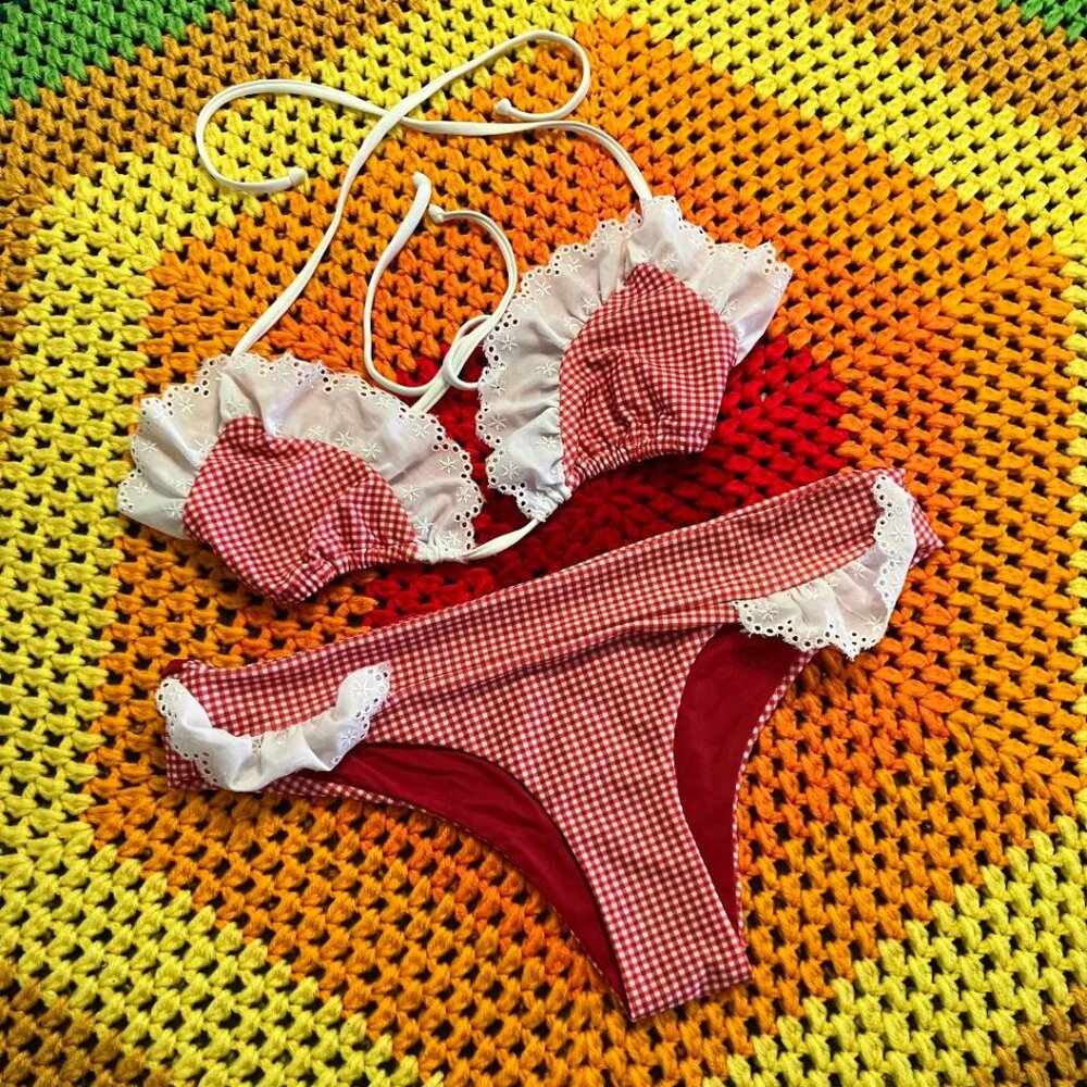 Lolli Swim Red White Gingham Plaid Picnic Triangle Bikini Swim Suit